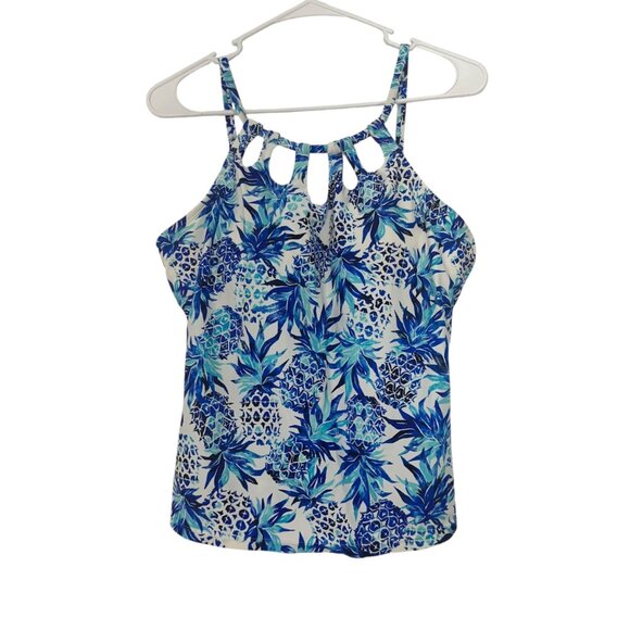 24t&Ocean Blue Tropical Print Halter Tankini Top Women SZ Large Padded Underwire - Picture 10 of 10